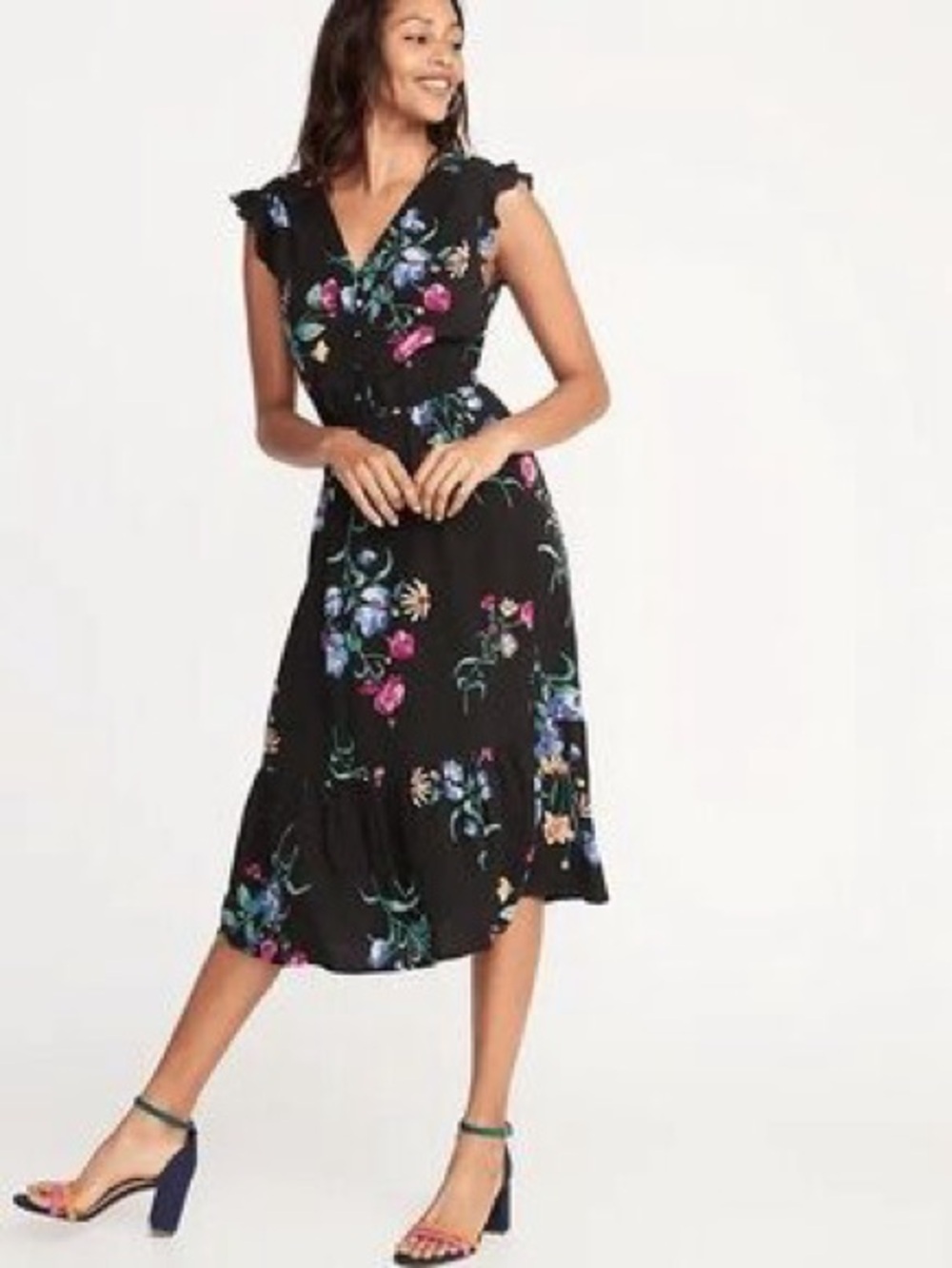 Old Navy V-Neck Midi Dress Black Floral Size XXL